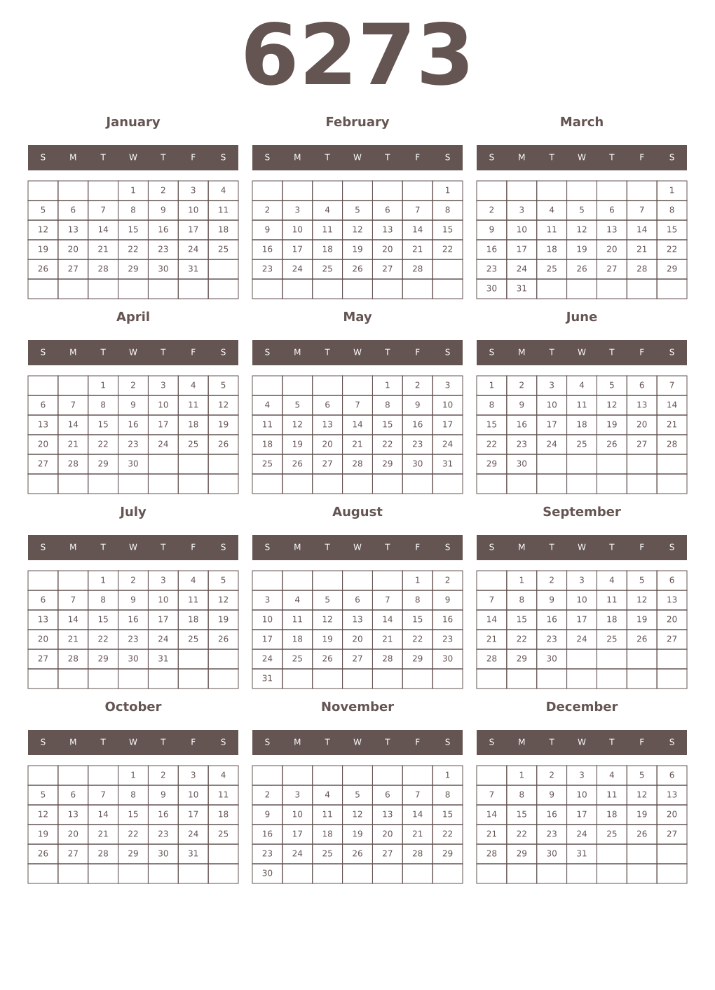 Printable 6273 Year Calendars wenge