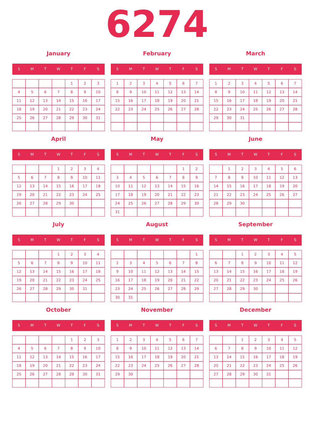 Printable 6274 Year Calendars amaranth