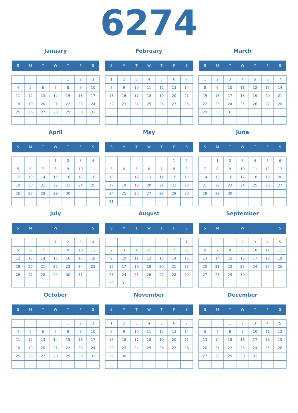 Printable 6274 Year Calendars blue