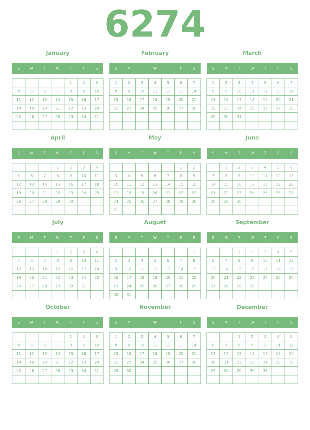 Printable 6274 Year Calendars celadon