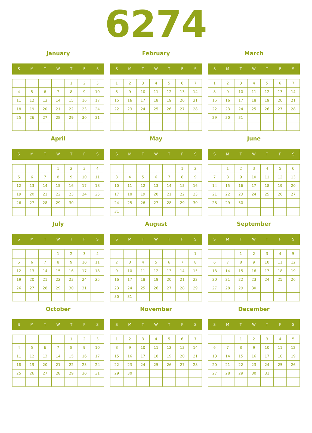 Printable 6274 Year Calendars chartreuse