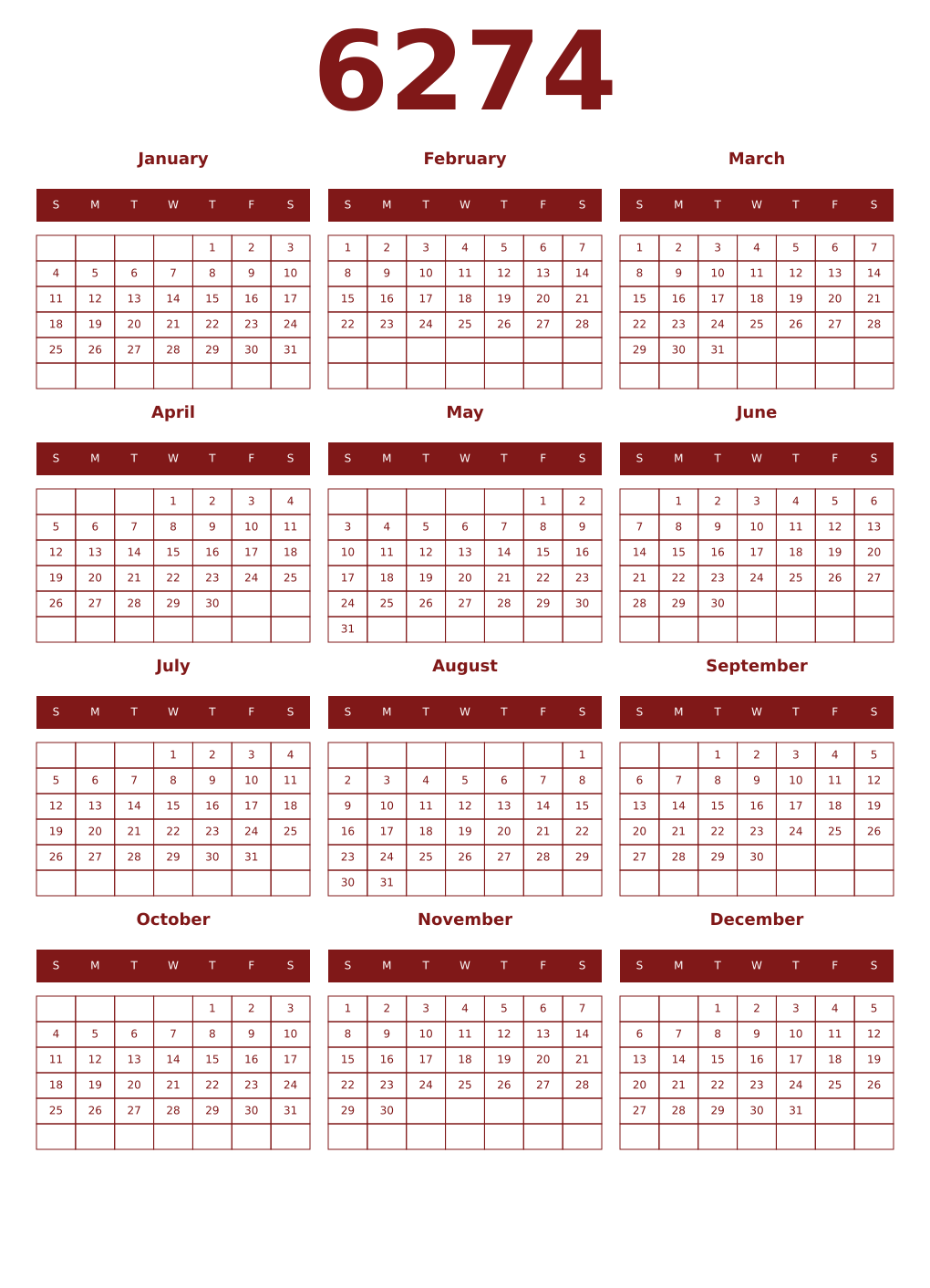 Printable 6274 Year Calendars falu