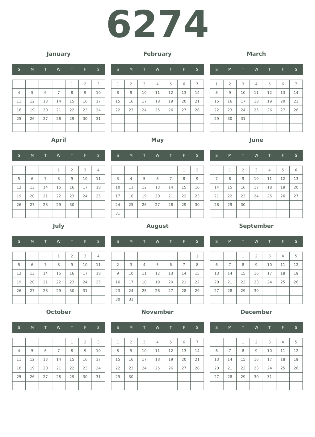 Printable 6274 Year Calendars feldgrau