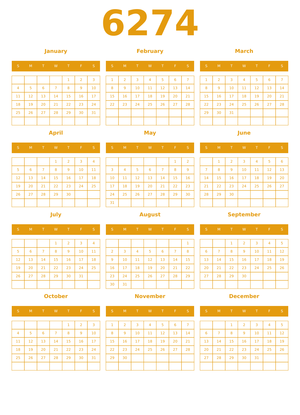 Printable 6274 Year Calendars gamboge
