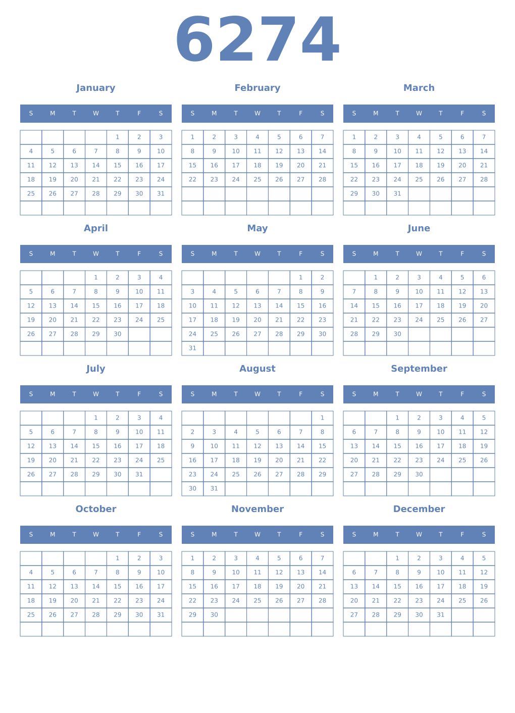 Printable 6274 Year Calendars glaucous