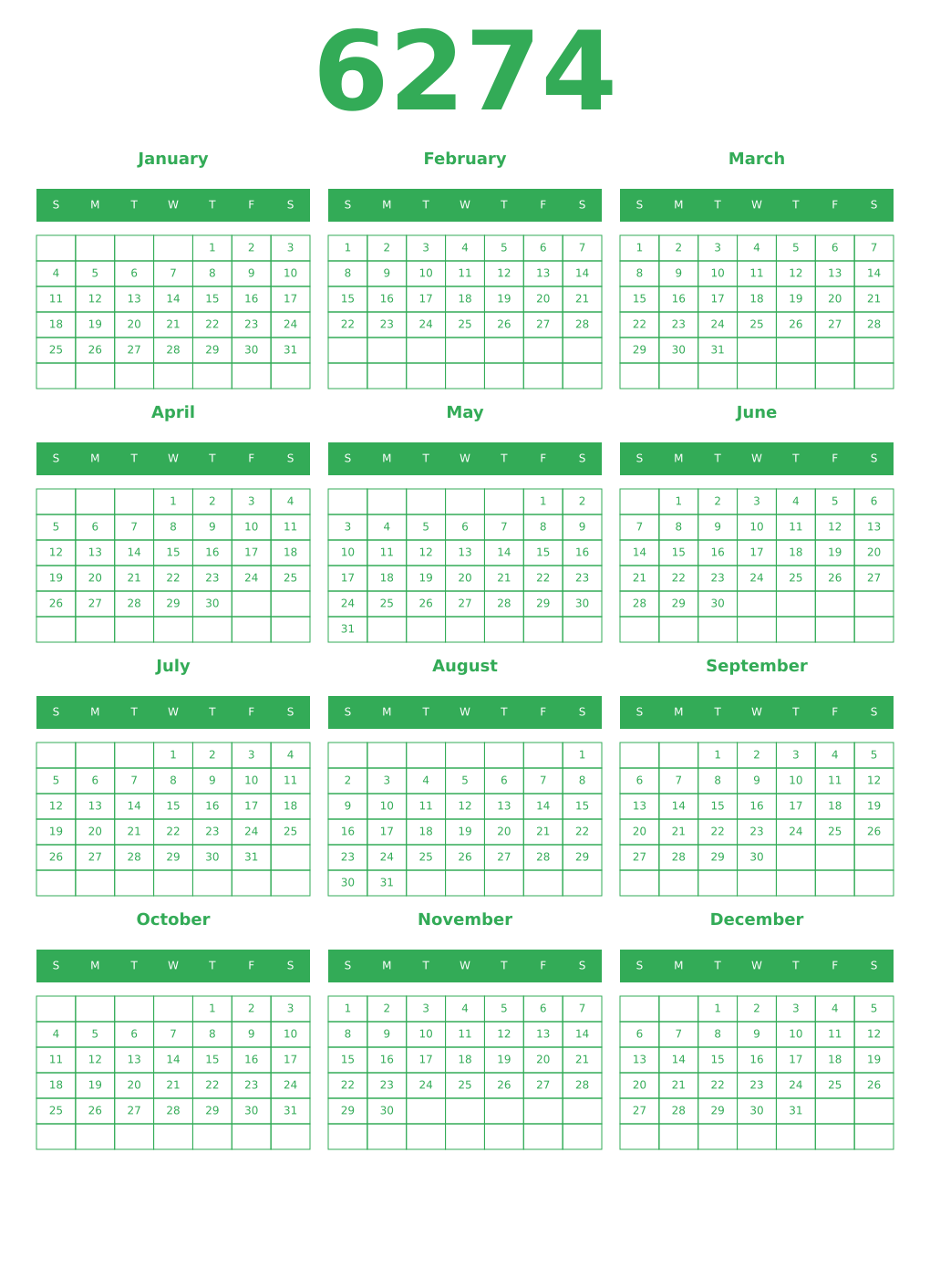 Printable 6274 Year Calendars green