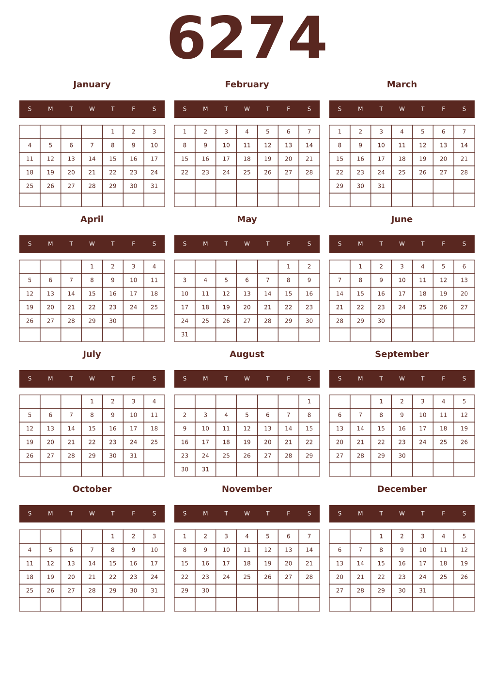 Printable 6274 Year Calendars mortuum