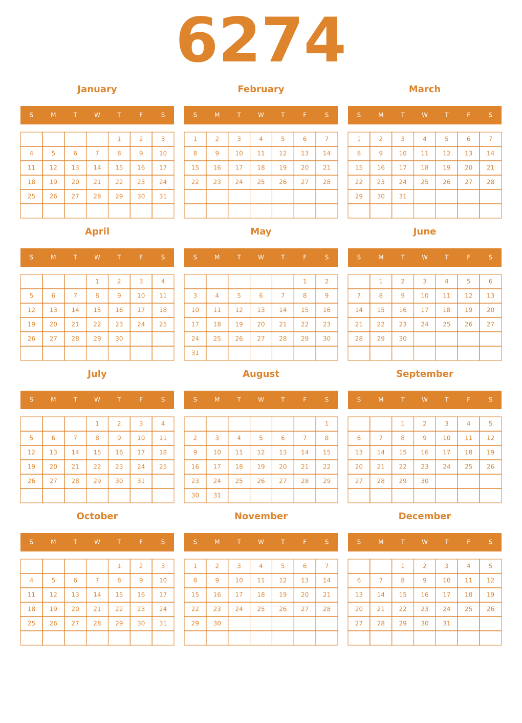 Printable 6274 Year Calendars orange