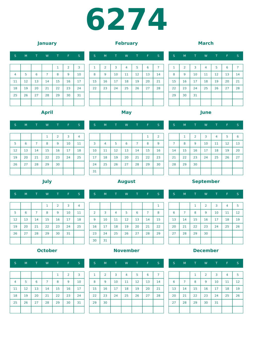Printable 6274 Year Calendars pastel