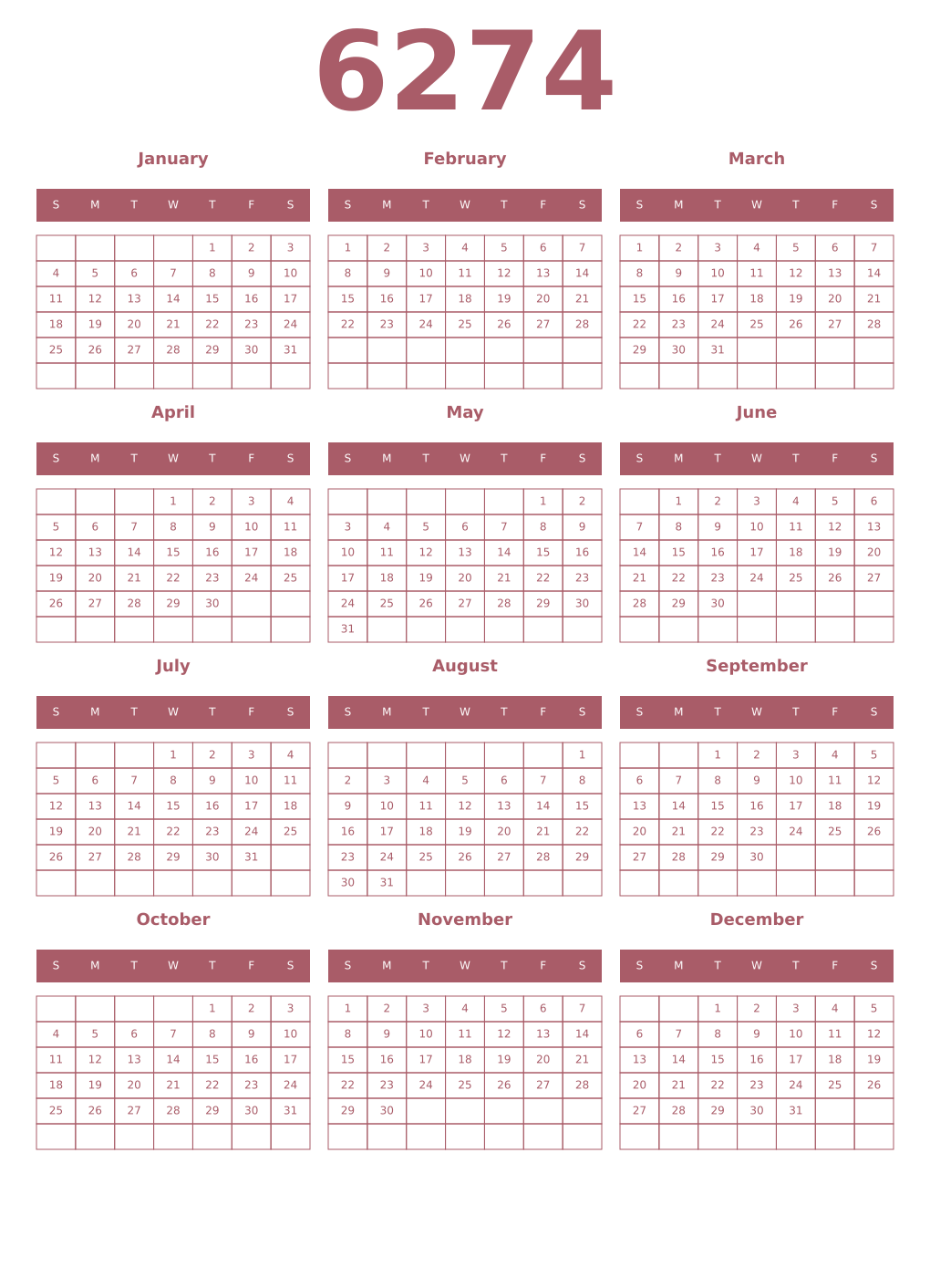 Printable 6274 Year Calendars puce
