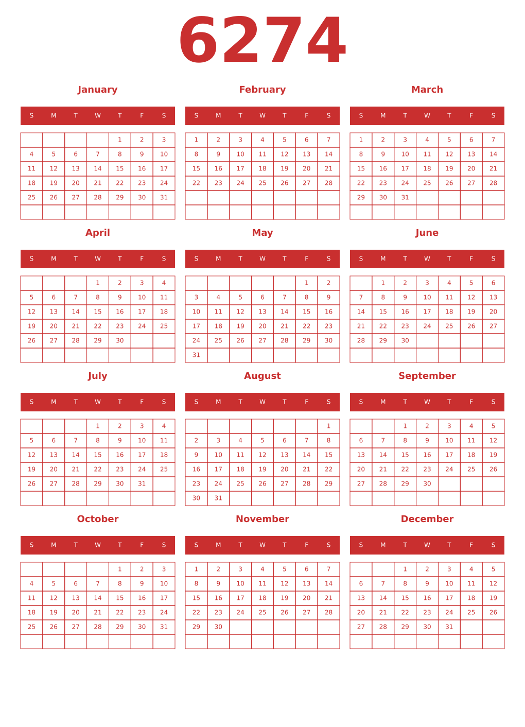 Printable 6274 Year Calendars red