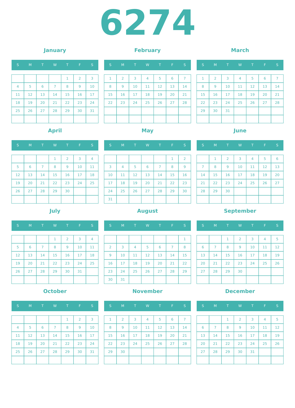 Printable 6274 Year Calendars verdigris