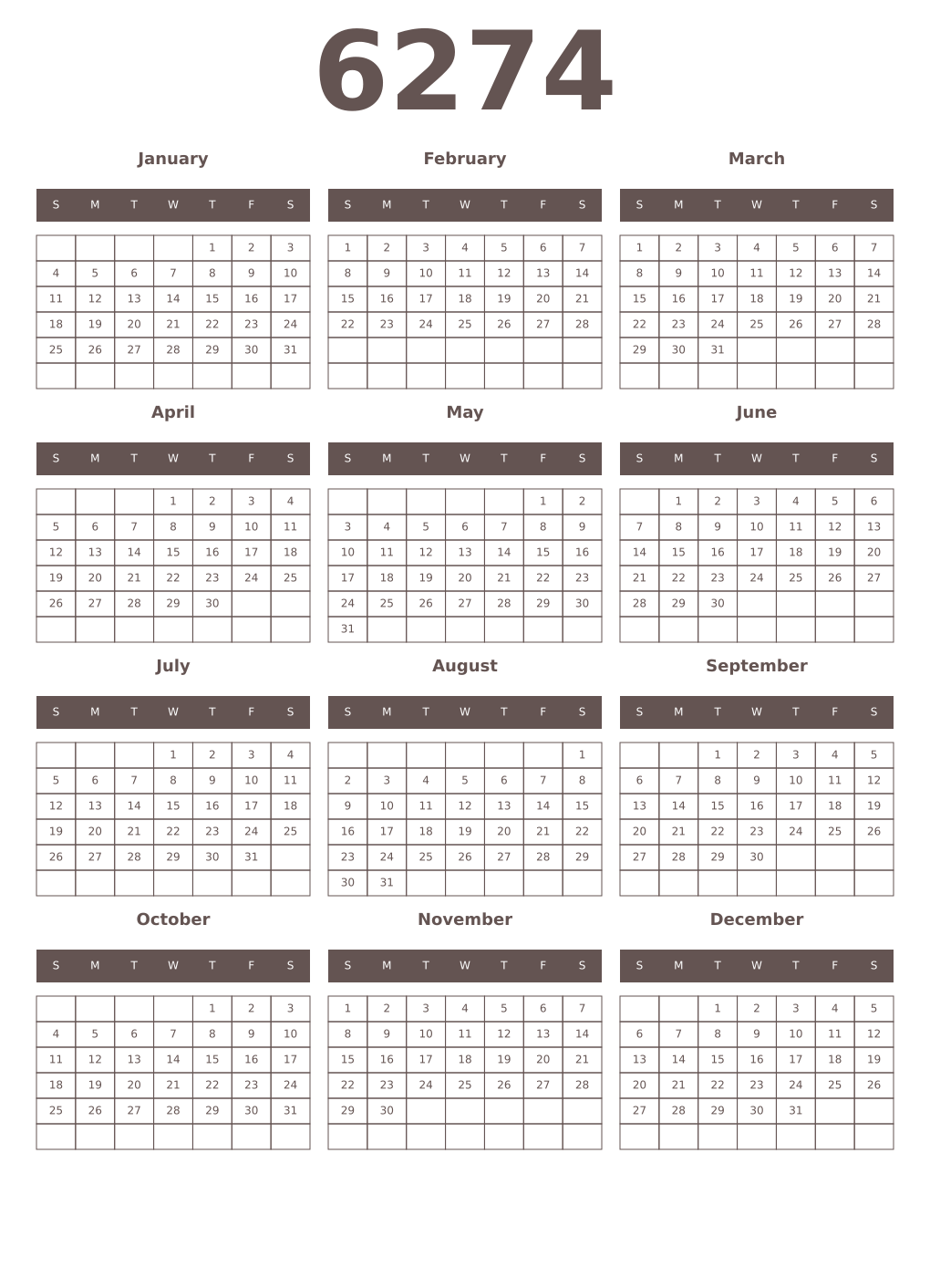 Printable 6274 Year Calendars wenge