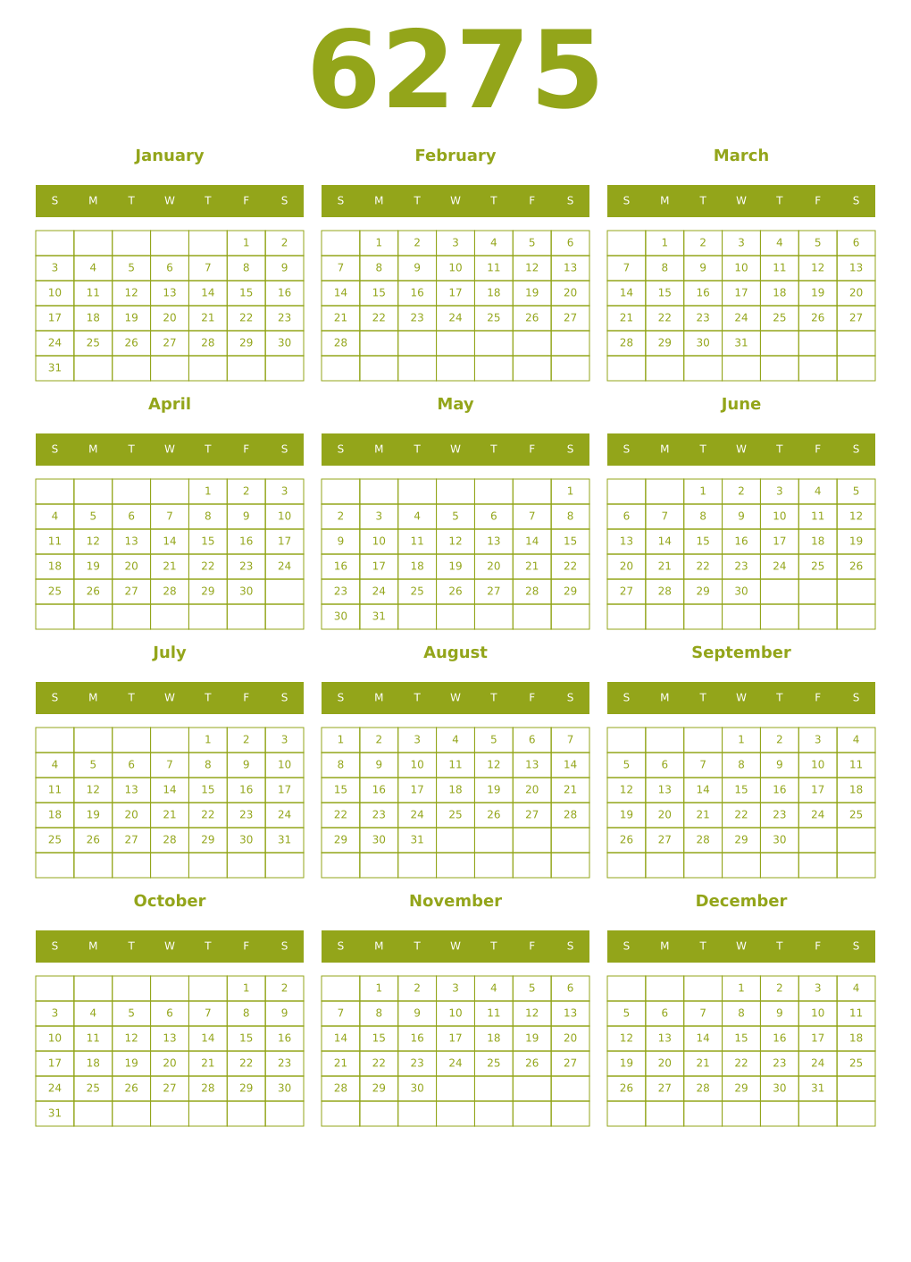 Printable 6275 Year Calendars chartreuse