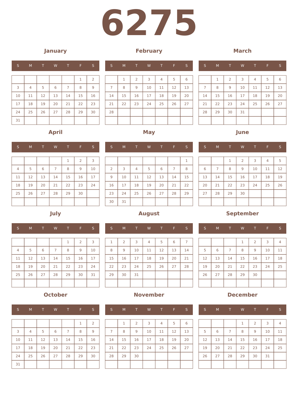 Printable 6275 Year Calendars coffe