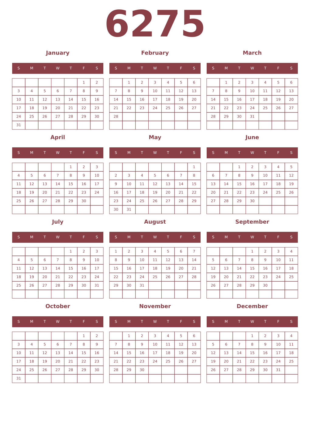 Printable 6275 Year Calendars cordovan