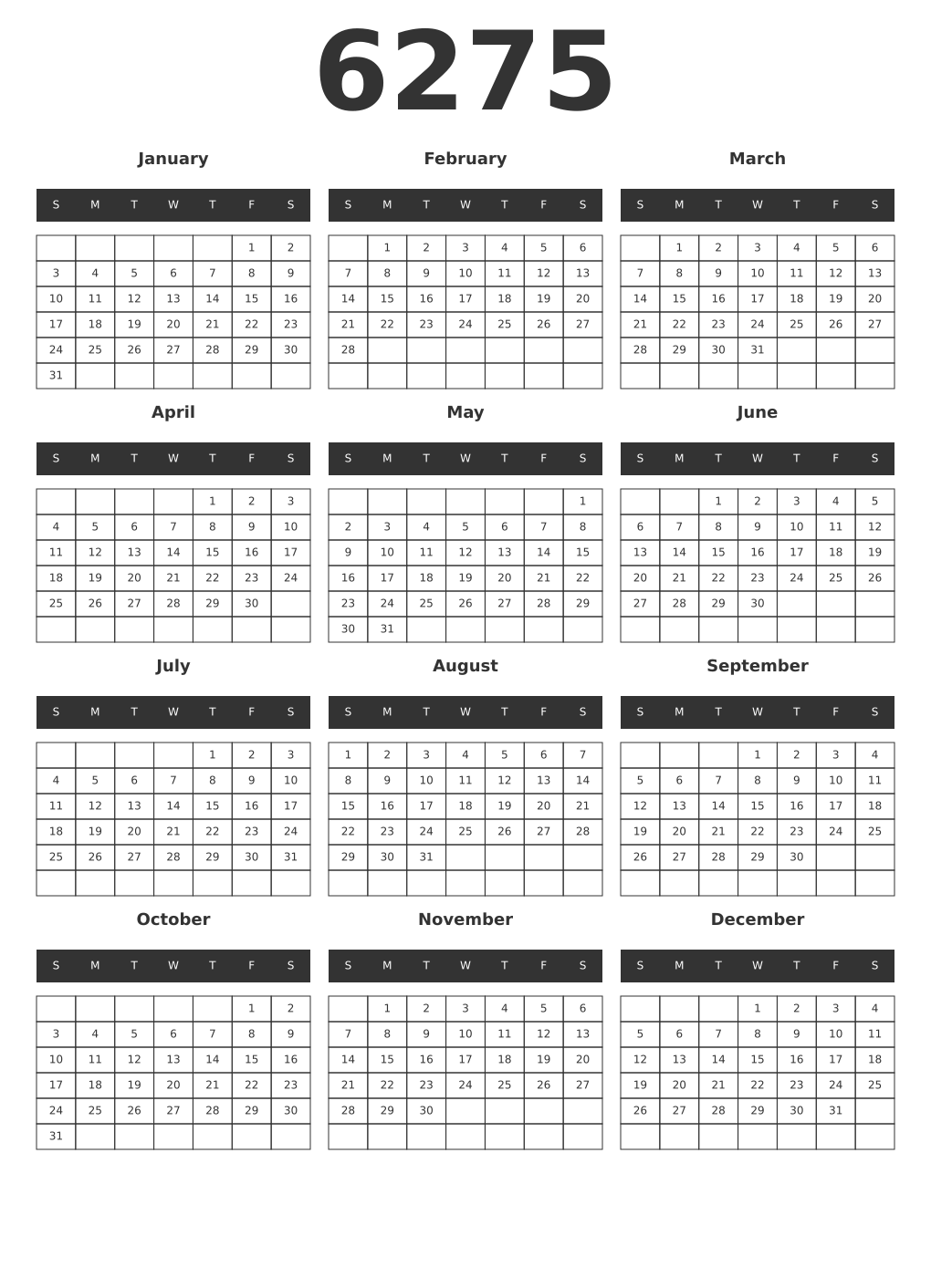 Printable 6275 Year Calendars dark