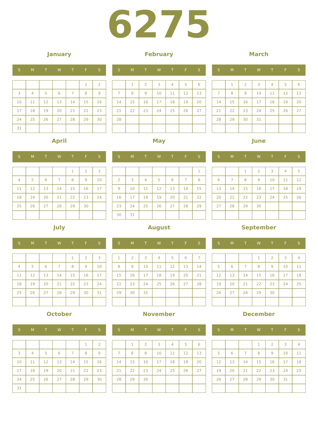 Printable 6275 Year Calendars eburnean