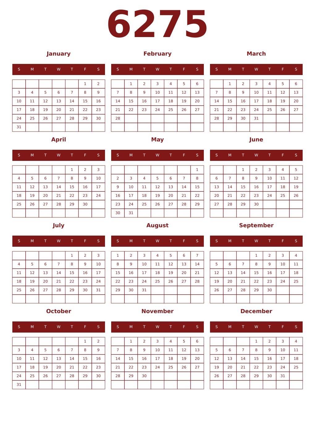 Printable 6275 Year Calendars falu