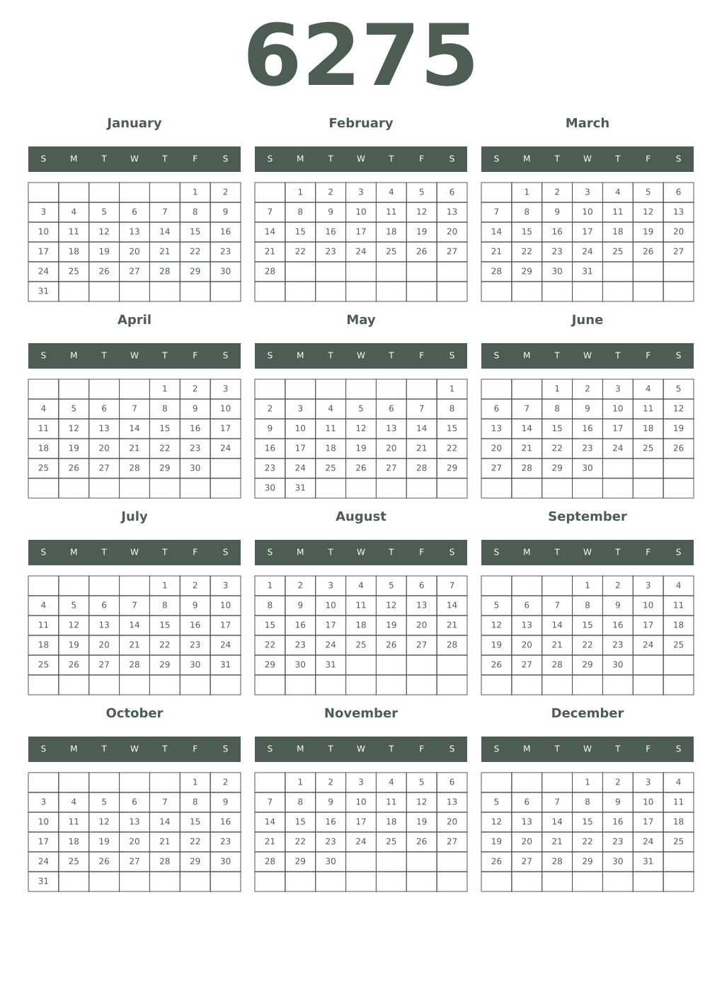Printable 6275 Year Calendars feldgrau
