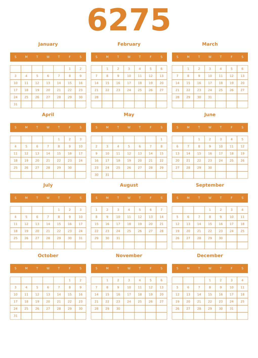 Printable 6275 Year Calendars orange