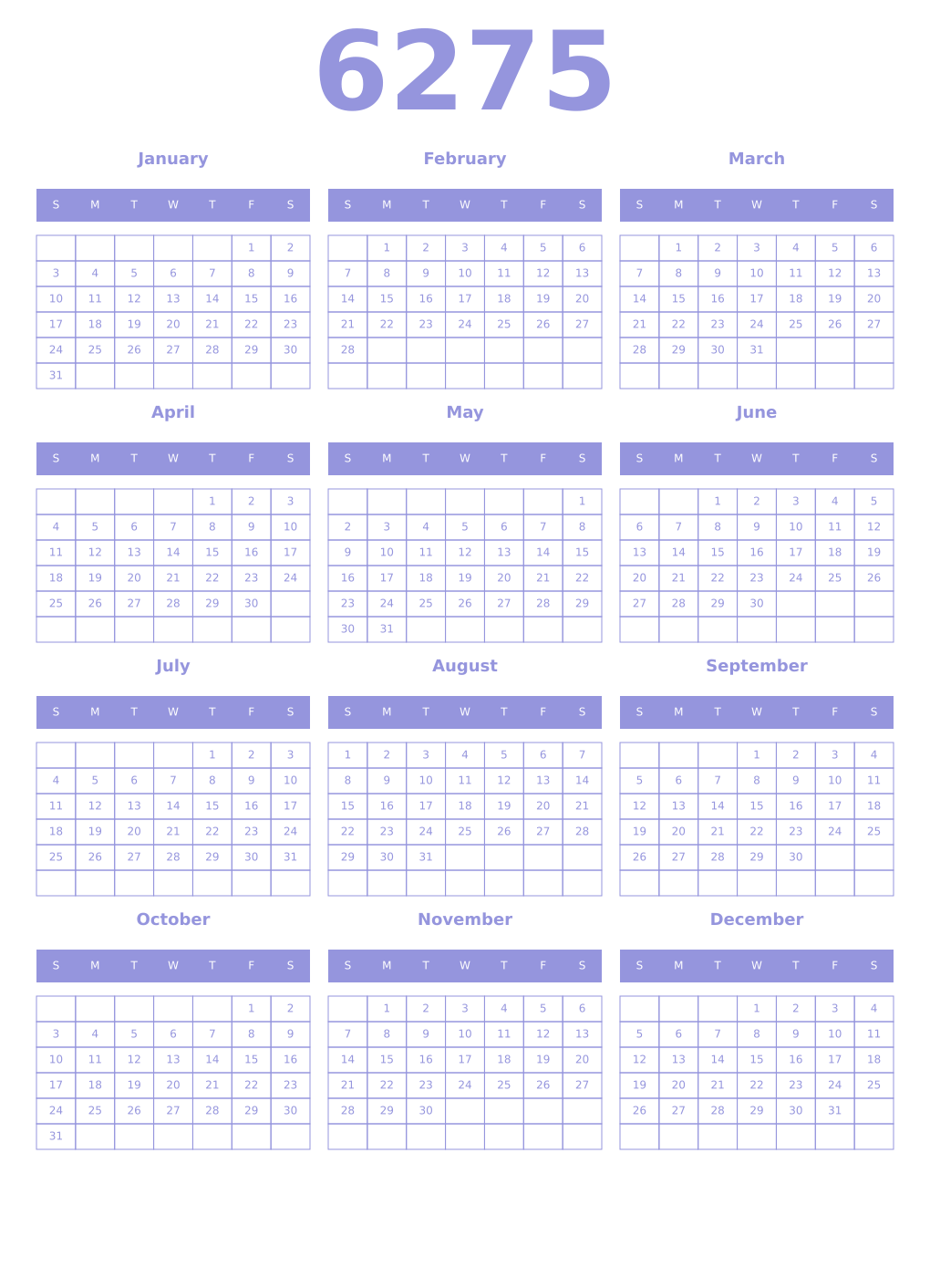 Printable 6275 Year Calendars periwinkle