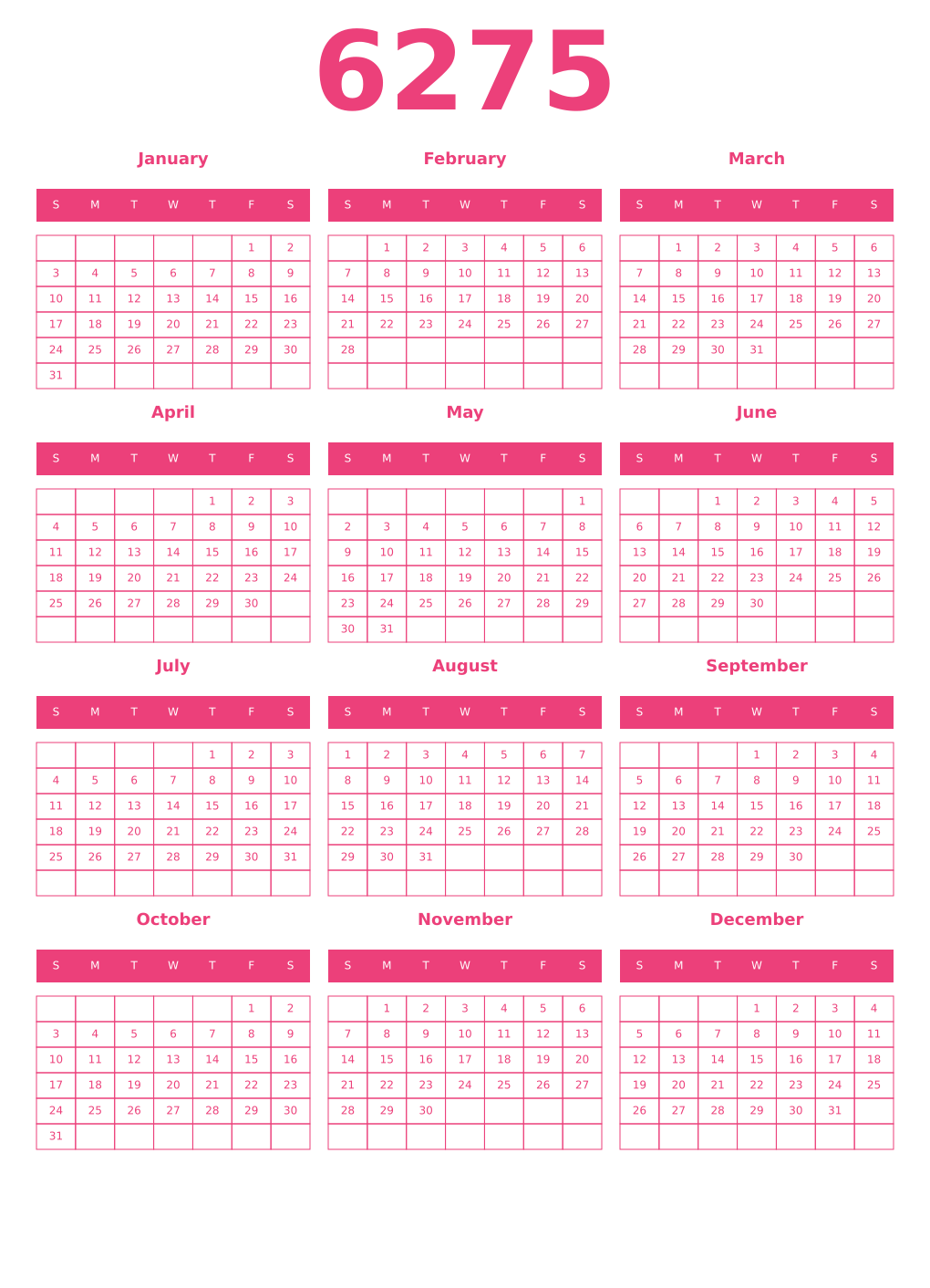 Printable 6275 Year Calendars pink