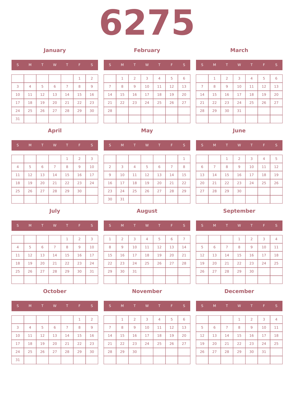 Printable 6275 Year Calendars puce