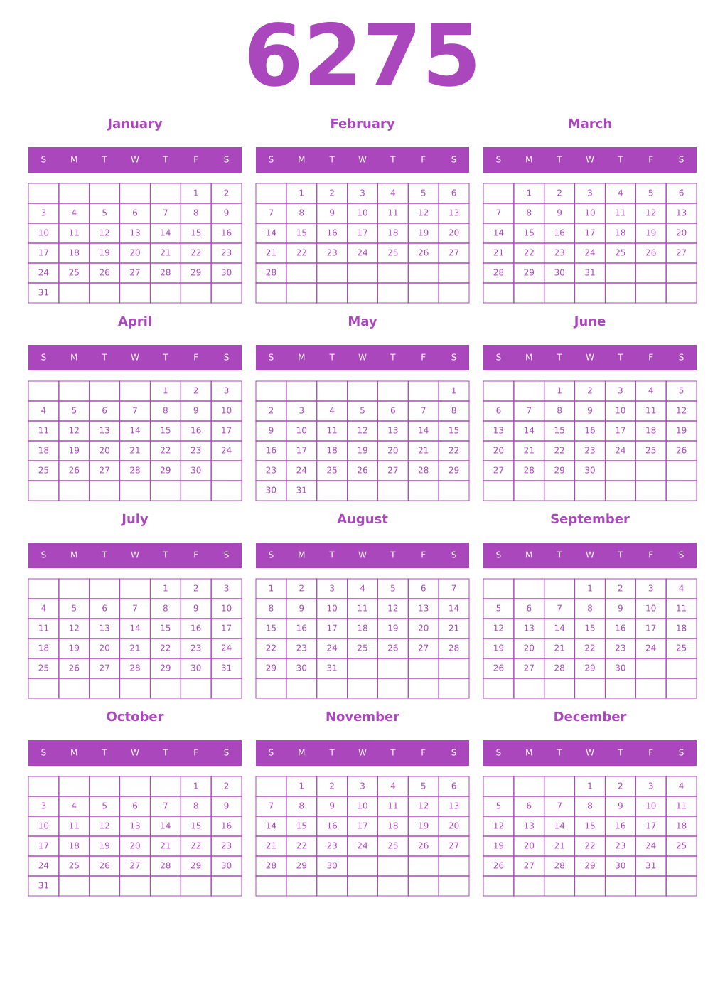 Printable 6275 Year Calendars purple