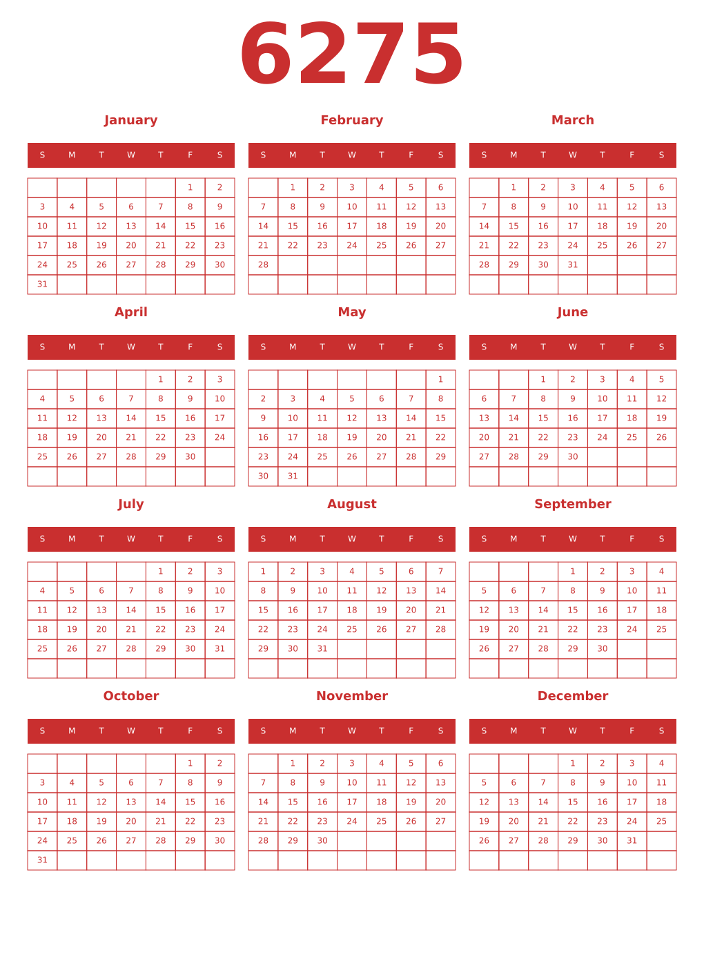 Printable 6275 Year Calendars red