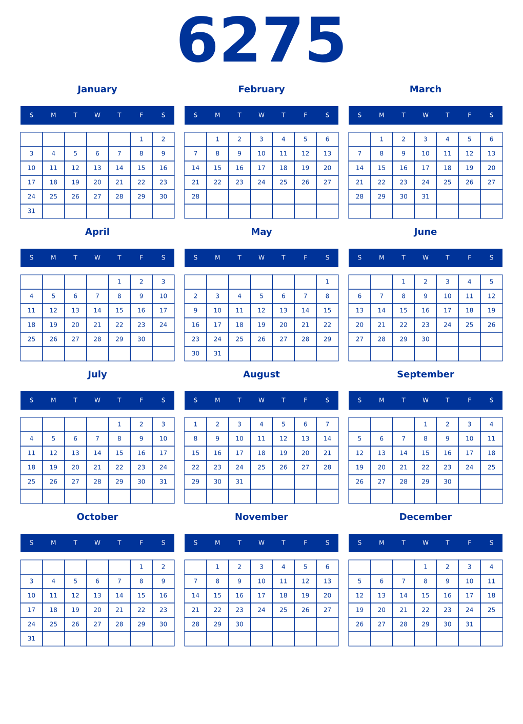 Printable 6275 Year Calendars smalt