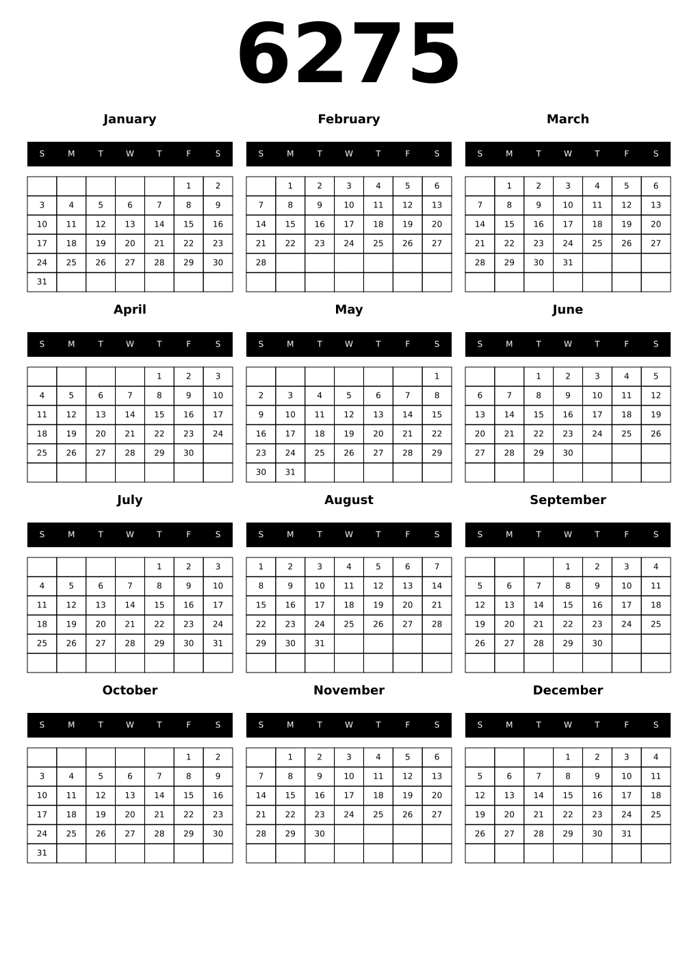 Printable 6275 Calendars