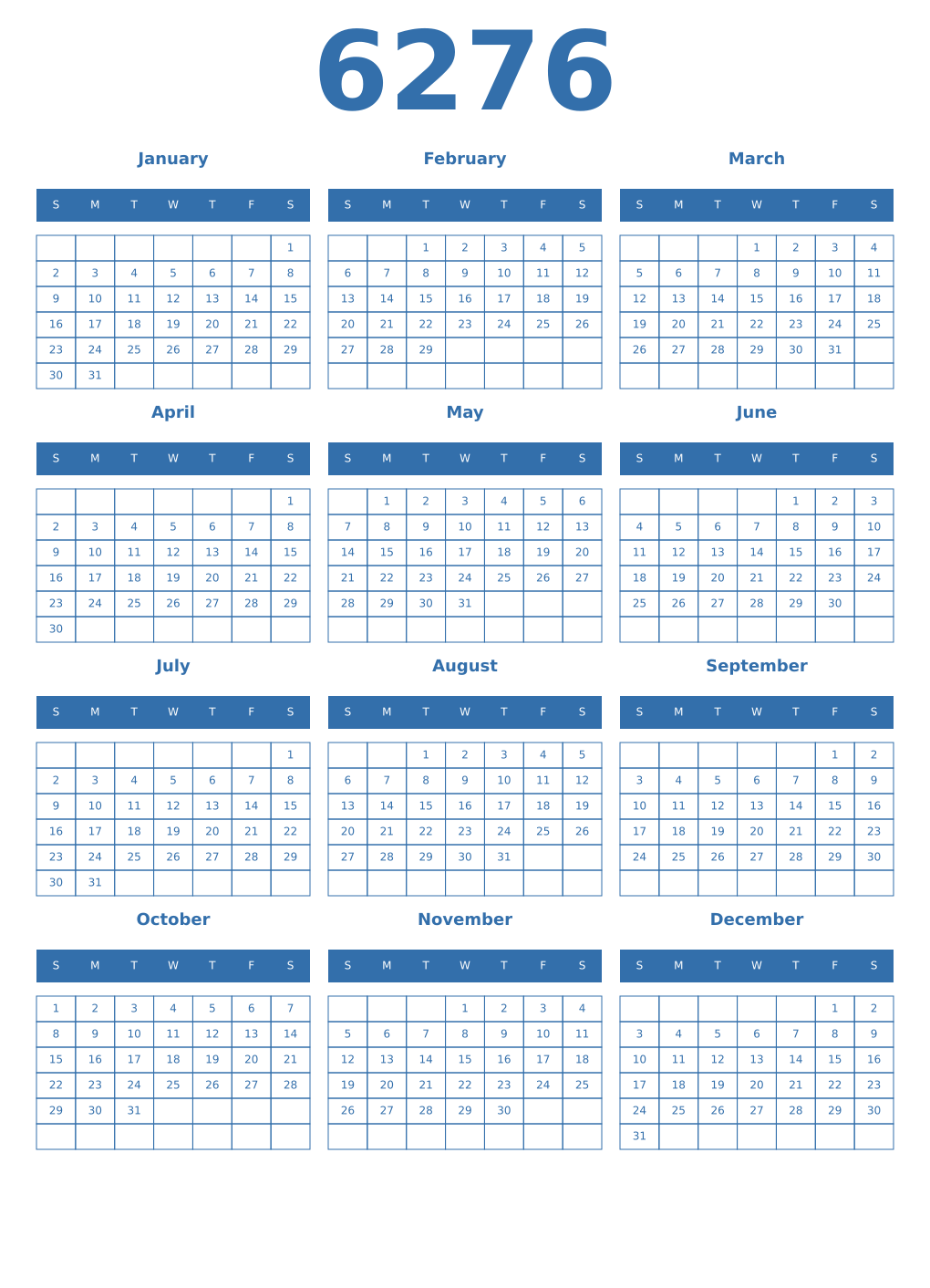 Printable 6276 Year Calendars blue
