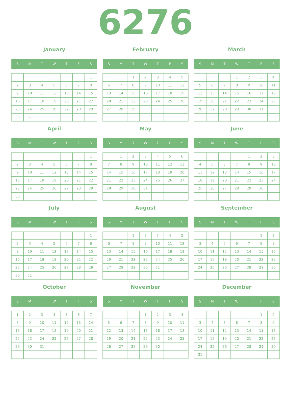 Printable 6276 Year Calendars celadon