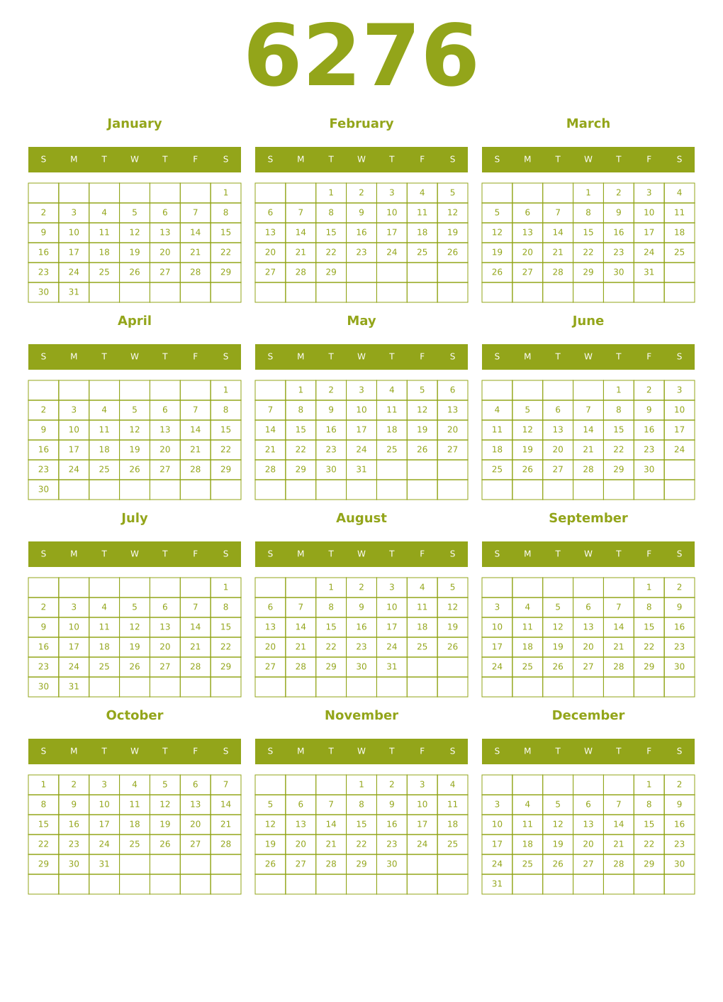Printable 6276 Year Calendars chartreuse