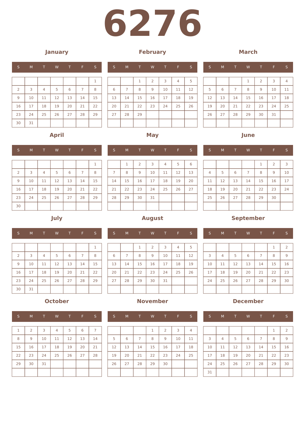 Printable 6276 Year Calendars coffe