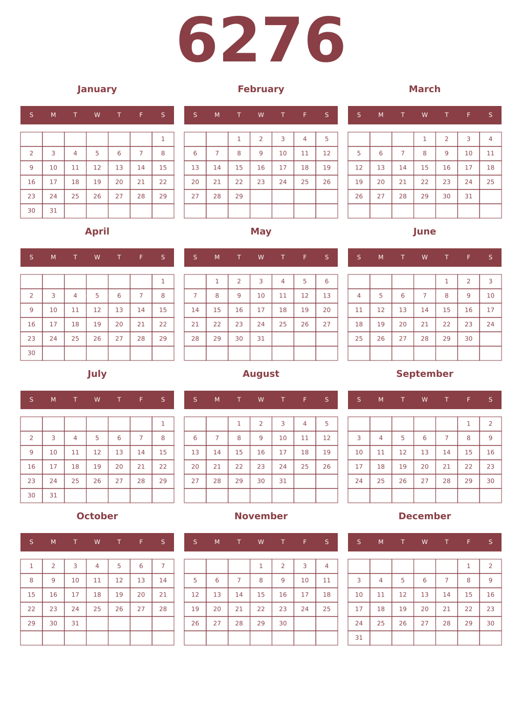 Printable 6276 Year Calendars cordovan