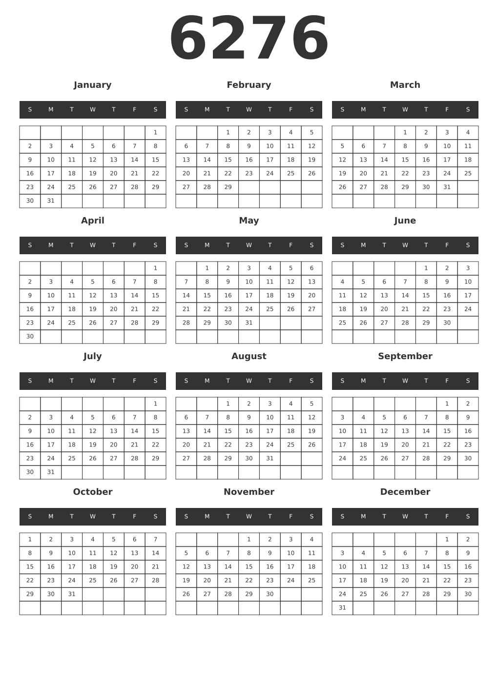Printable 6276 Year Calendars dark
