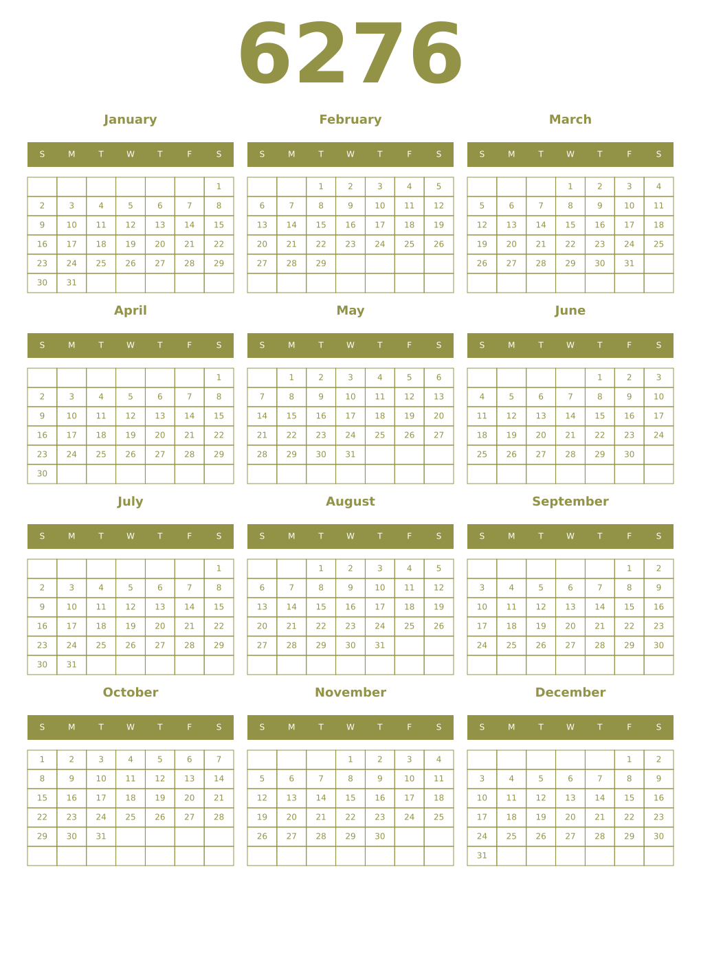 Printable 6276 Year Calendars eburnean