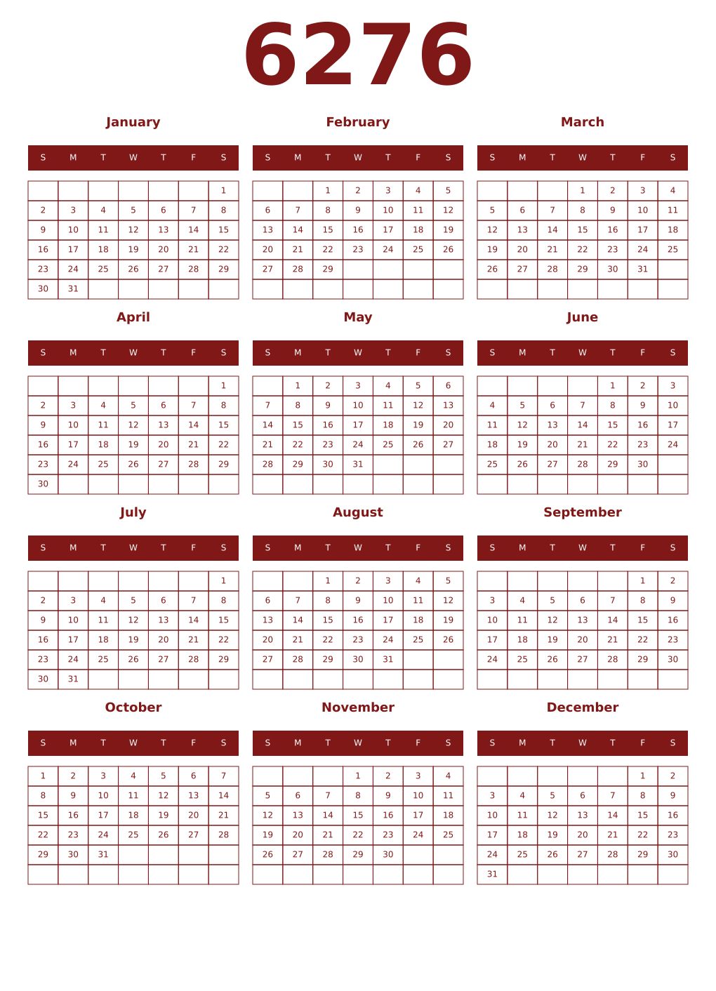 Printable 6276 Year Calendars falu