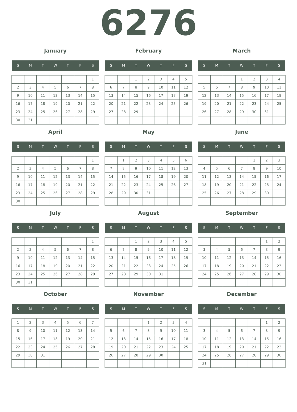 Printable 6276 Year Calendars feldgrau