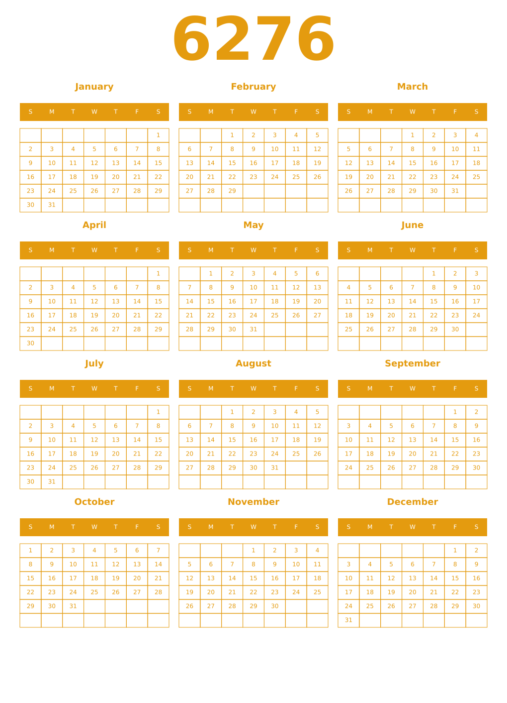 Printable 6276 Year Calendars gamboge