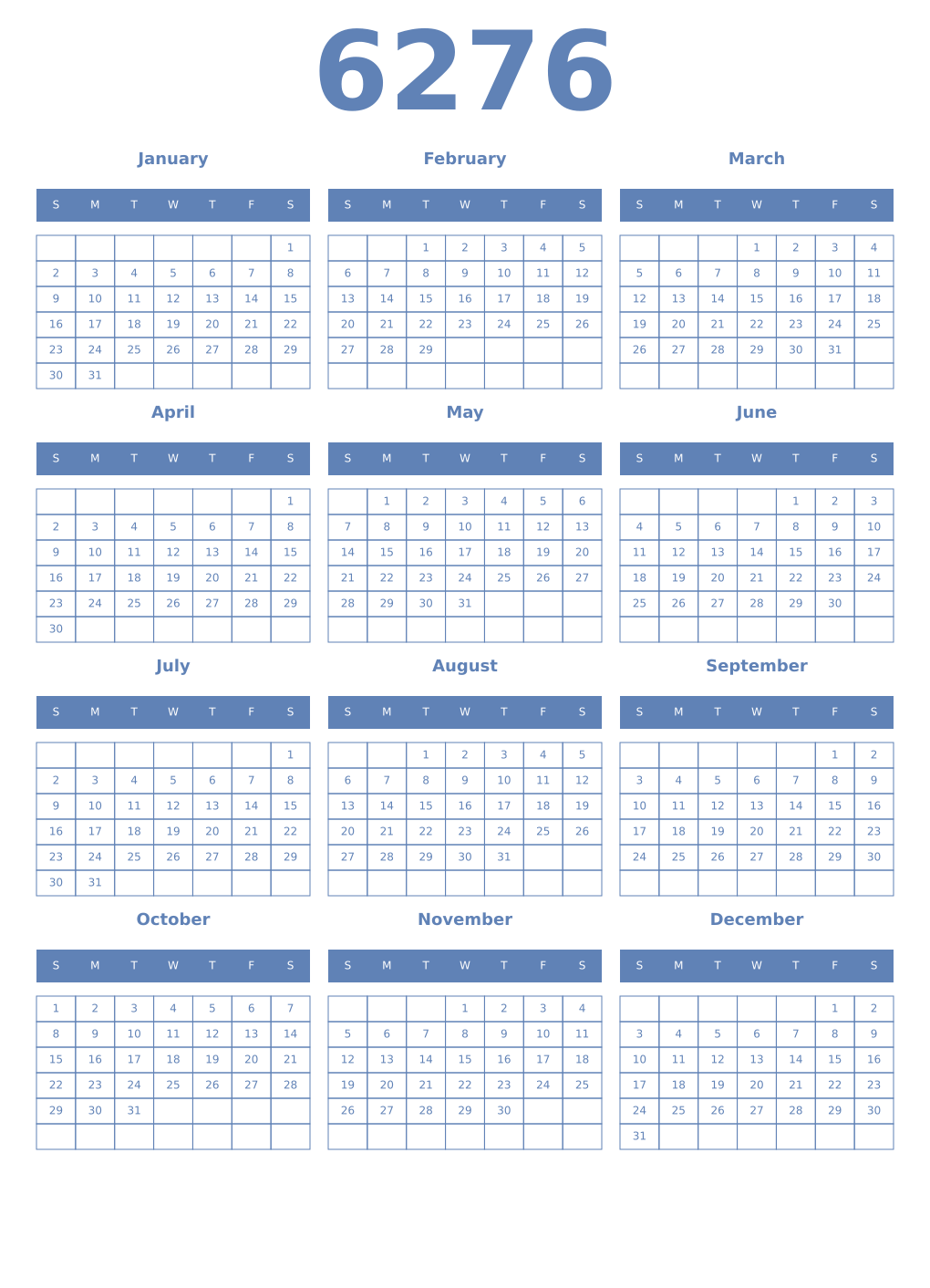Printable 6276 Year Calendars glaucous