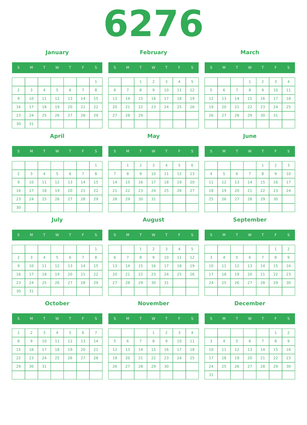 Printable 6276 Year Calendars green
