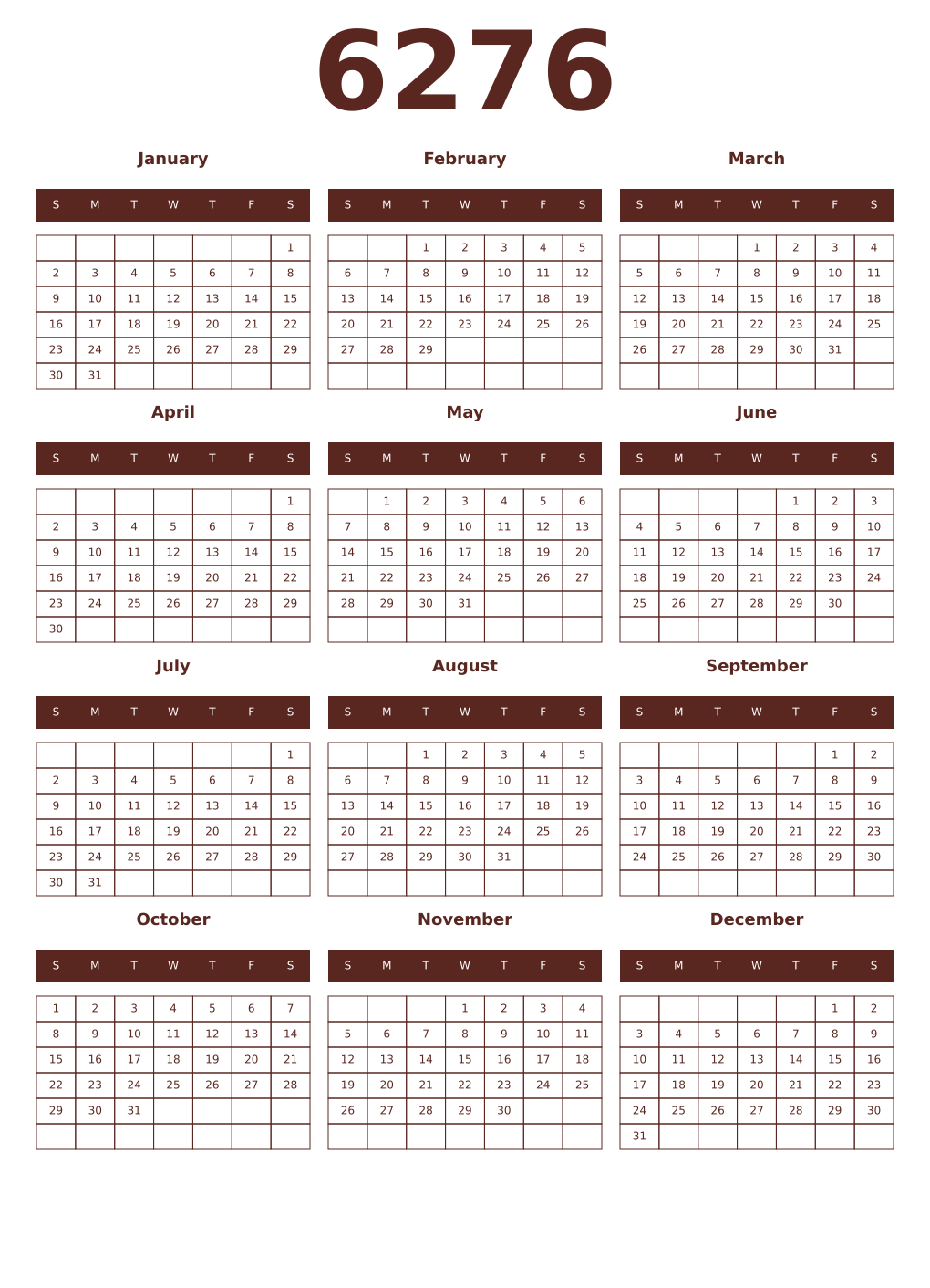 Printable 6276 Year Calendars mortuum