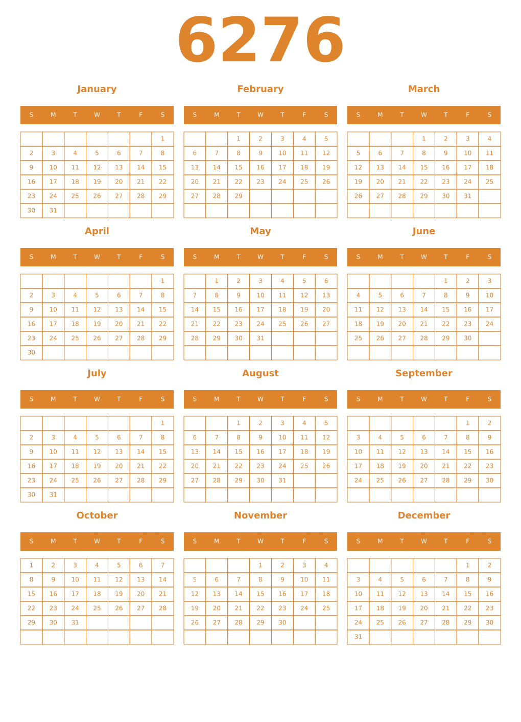 Printable 6276 Year Calendars orange
