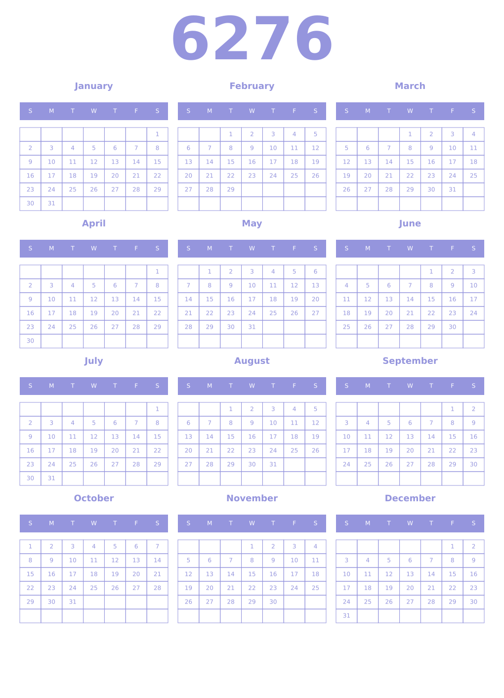 Printable 6276 Year Calendars periwinkle