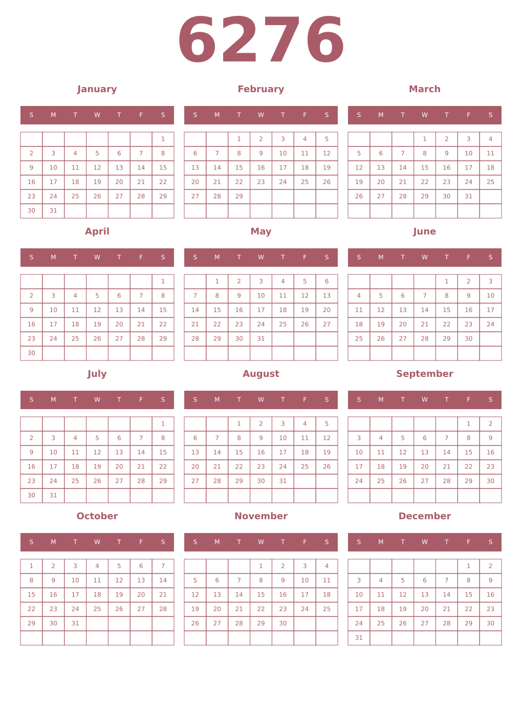 Printable 6276 Year Calendars puce
