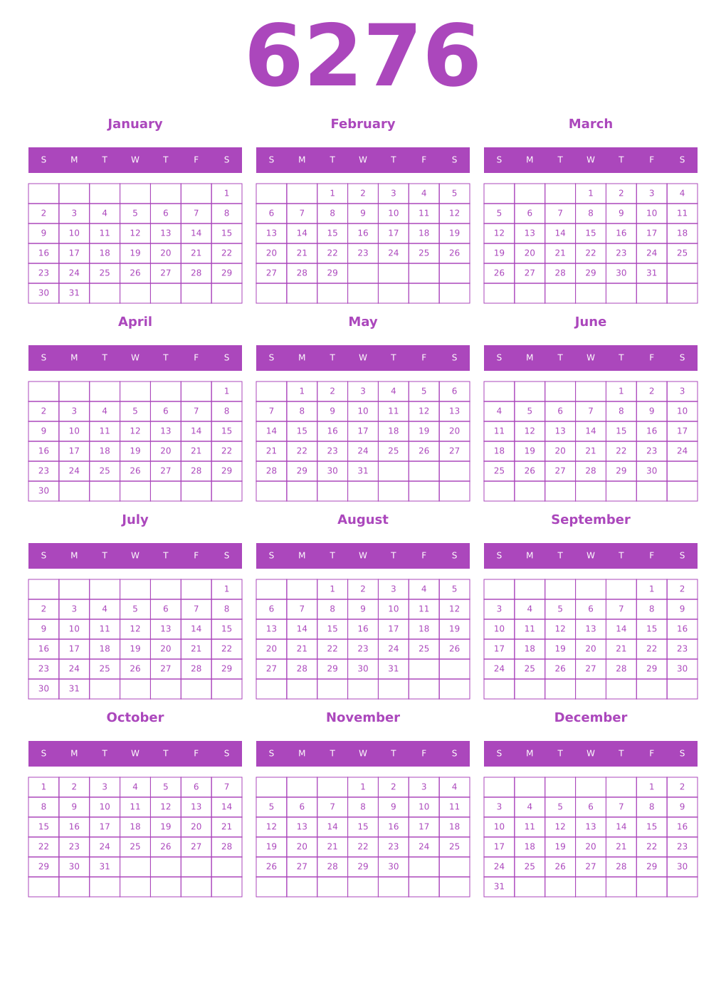 Printable 6276 Year Calendars purple