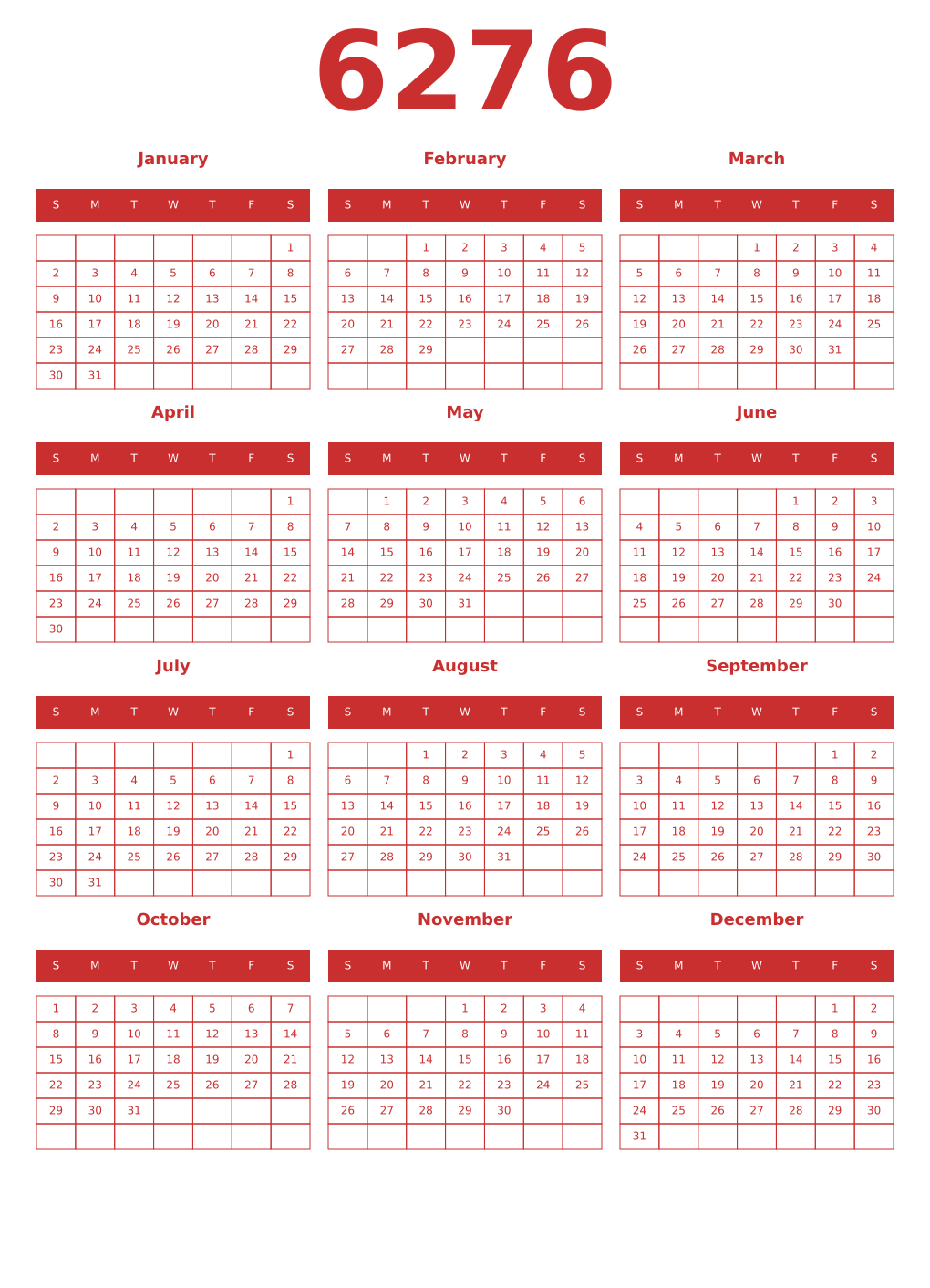 Printable 6276 Year Calendars red